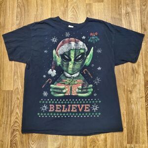 Vintage Alien Christmas Shirt‎ Black Large Believe Big Logo Fruit Of The Loom